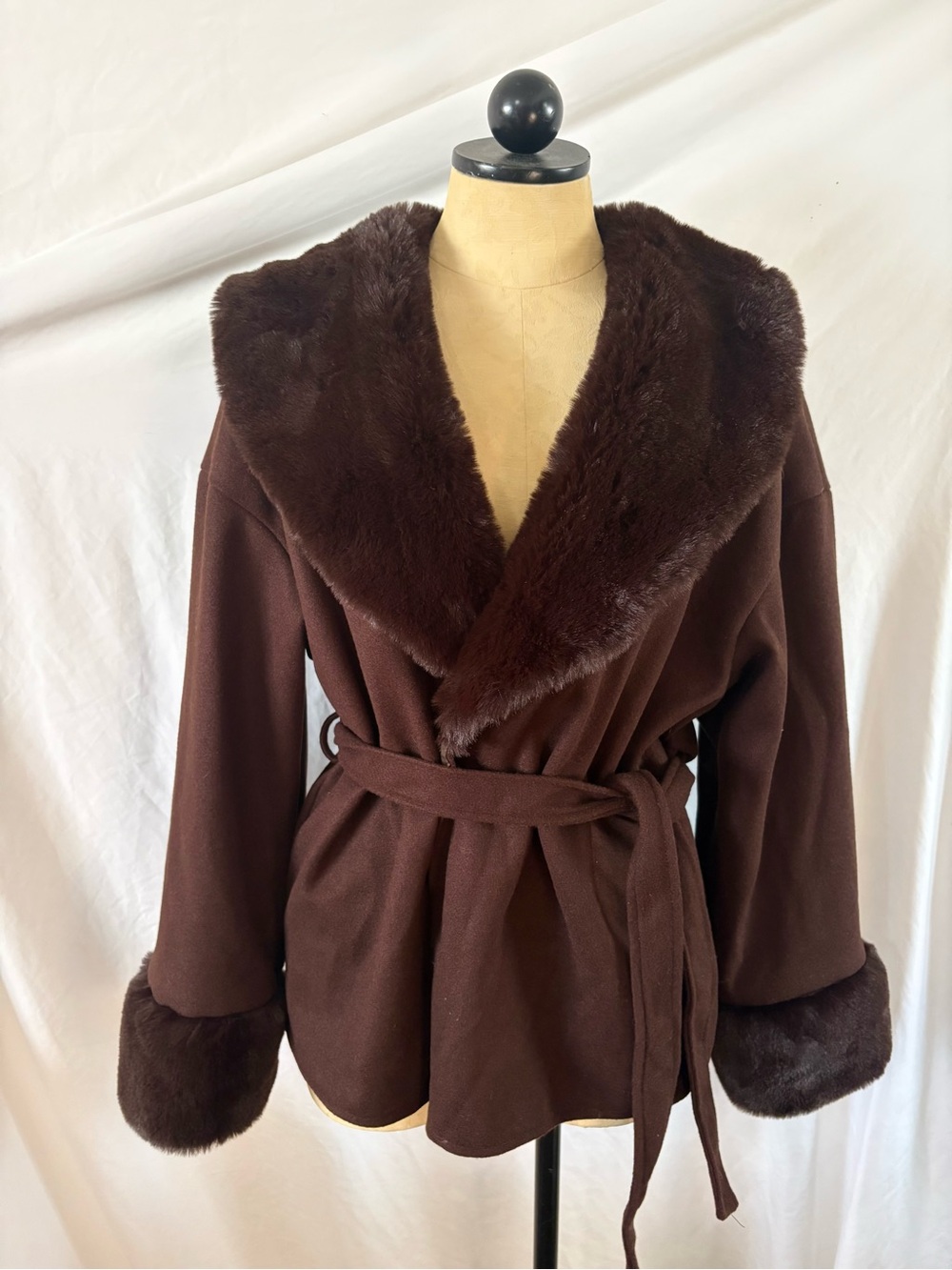 Vintage 90s faux fur trimmed penny lane collar cuff tie jacket coat brown